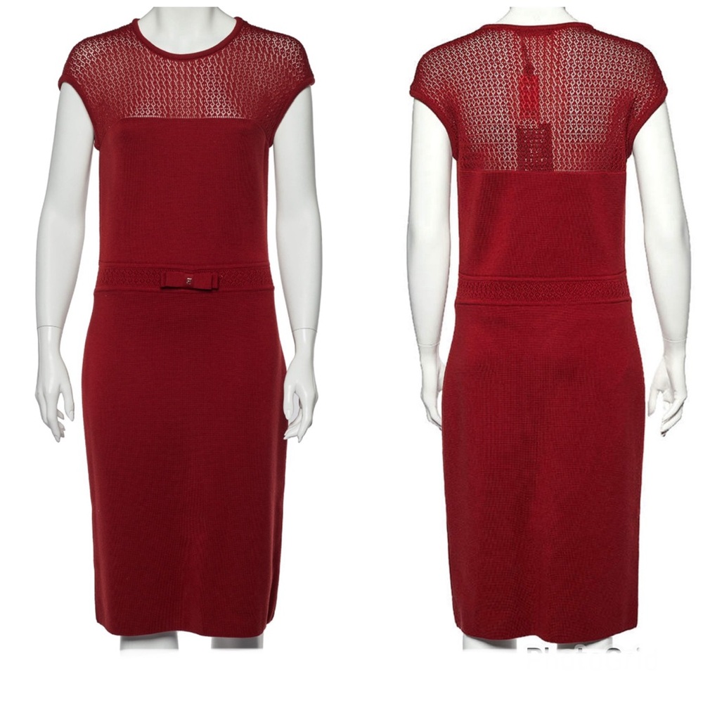 CH CAROLINA HERRERA Burgundy Wool Knit Bow Accent Sleeveless Cocktail Dress S